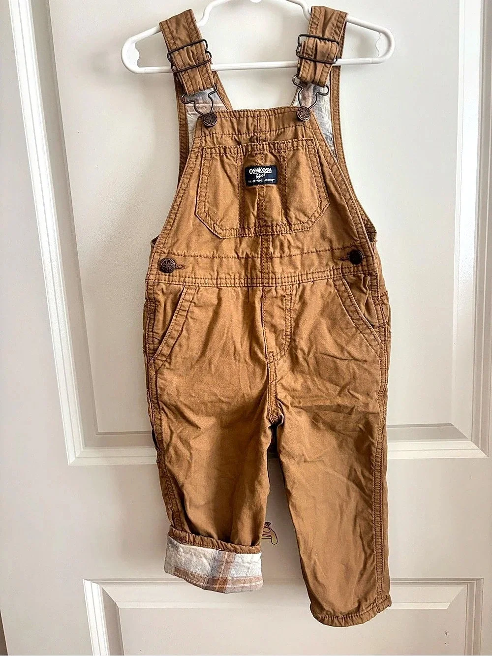 OshKosh B’Gosh Tan Plaid Lined Carpenter Overalls Size 2T EUC